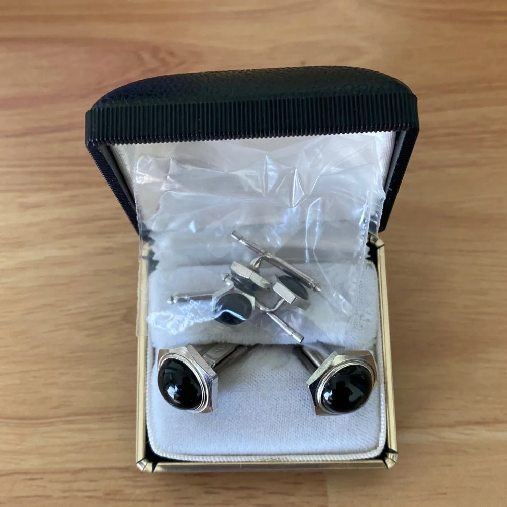 Silvertone Black Cufflinks and Shirt Stud Set